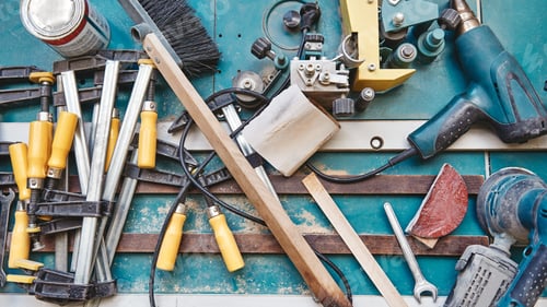 Preview: Construction. Design. Build. Image of woodworking tools