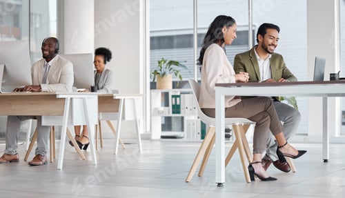 Preview: Call center, laptop and business people in office, teamwork or talking in workplace. Telemarketing,