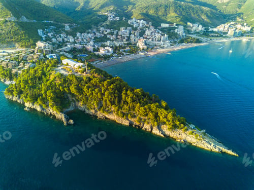 Preview: Bird's eye view of towns of Budva and Becici with hotels and beaches near Adriatic Sea