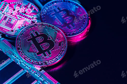 Preview: golden bitcoin and computer chip in background