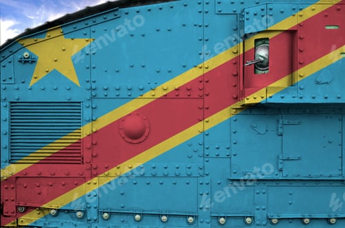 Preview: Democratic Republic of the Congo flag depicted on side part of military armored tank close up