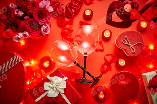 Preview: Valentines day romantic decoration with roses, wine glasses, boxed gifts, candles