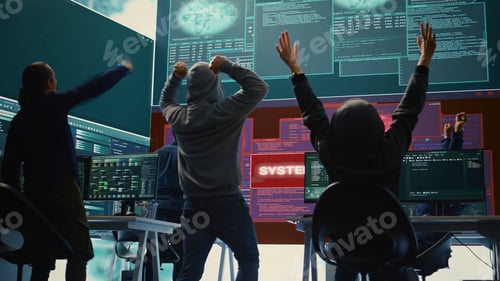 Preview: Pleased proud hackers team jumping around after gaining access