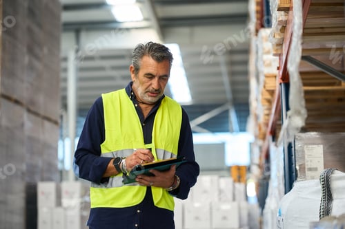 Preview: Manager checking inventory in warehouse wearing safety vest