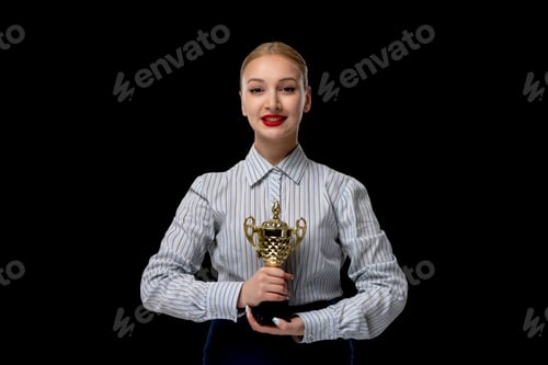 Preview: Business woman blonde cute girl holding golden trophy with red lipstick in office costume