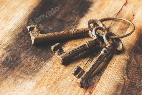 Preview: Closeup shot of old vintage keys on a wooden surface