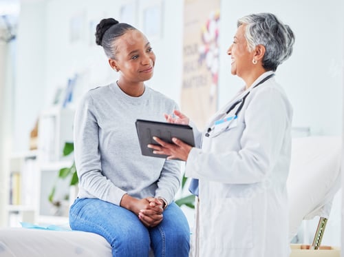 Preview: Doctor, women and tablet for happy healthcare, hospital news and support with test results or exam