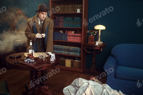 Preview: Detective with cap of coffee at the crime scene