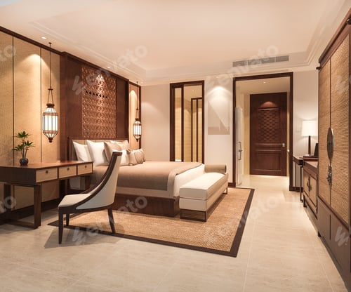Preview: 3d rendering modern dining room and living room with luxury chinese decor