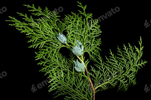 Preview: Branch of thuja, isolated on black background