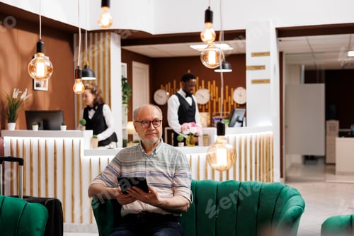 Preview: Old man using tablet in hotel lobby