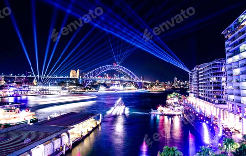 Preview: View of the city, harbour and bridge during the vivid light festival