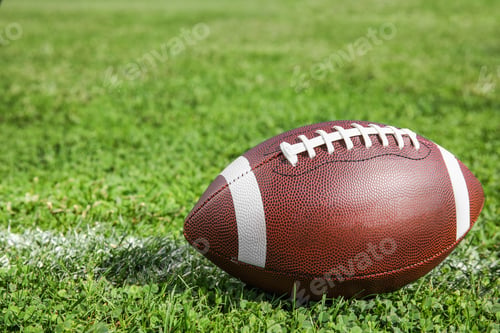 Vista previa: Ball for American football on fresh green field grass