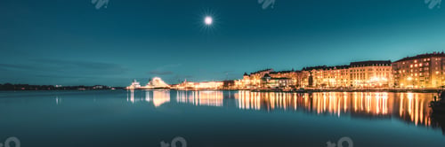 Preview: Helsinki, Finland. Bright Blue Starry Sky. View Of Police Harbor Merikasarmin Laituri And