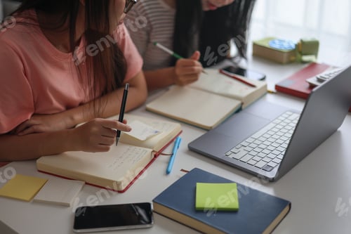 Preview: Two female students doing homework together.