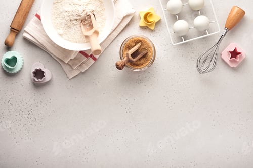 Preview: Ingredients for cooking homemade baking. Baking background with flour, eggs, kitchen tools, utensils