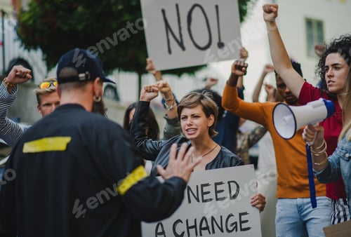 Preview: Police stopping group of people activists with raised fists protesting on streets, BLM.