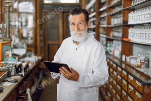 Preview: Pharmacist in vintage old pharmacy.