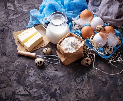 Preview: Ingredients for baking. Milk, butter, eggs, flour