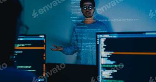 Preview: Group adult Asia male software developers mentor leader manager talk strategy plan to executive.