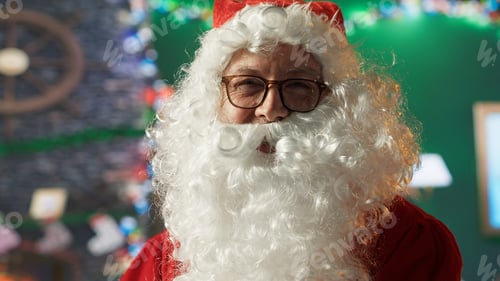 Preview: Portrait of white bearded Santa Claus reviews letters from children by the fire