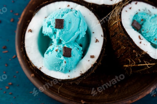 Preview: Blue ice cream in coconut bowl.