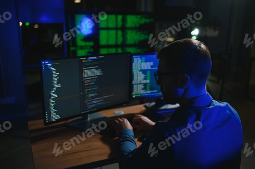 Preview: Male programmer working on desktop computer at white desk in office