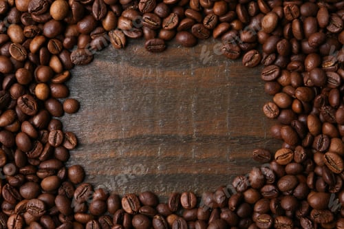 Preview: Frame of aromatic coffee beans on wooden table, top view. Space for text
