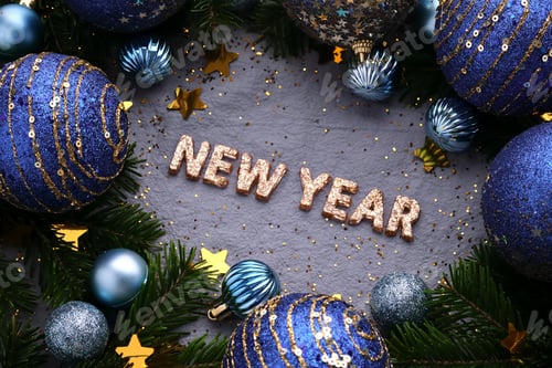Preview: Abstract New Year blue background with Christmas decorations.