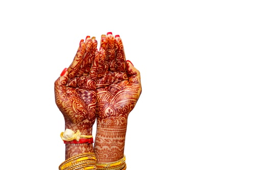 Preview: Closeup shot of the Hindu Bride's hands painted with henna for wedding