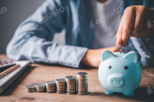 Preview: Hand holding coin with pig piggy bank. Saving and financial accounts concept