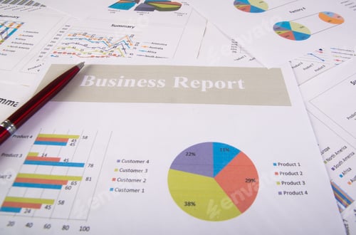 Preview: Business report. Graphs and charts. Business reports and pile of documents. Business concept.