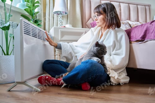 Preview: Woman sitting with cat under blanket warming near an electric heater