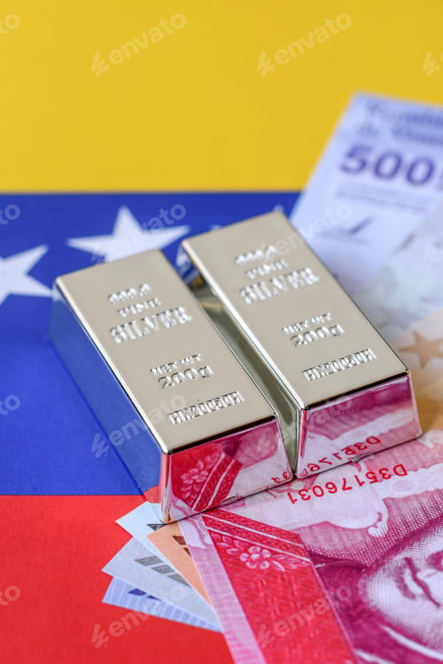 Preview: A silver bar, white metal against a flag of venezuela, as a concept for the sales. A silver bar