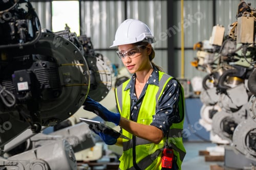 Preview: Female business owner engineer managing and checking work at factory