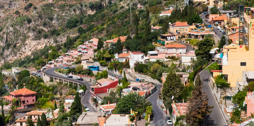 Preview: Taormina, panoramic photo of windy roads winding up through Taormina towards Castelmola, Sicily, Ita