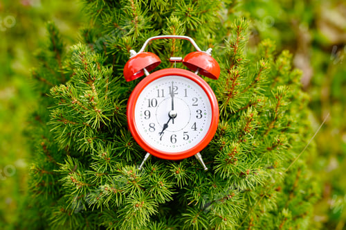 Preview: round red classic alarm clock with time at 07:00 is placed in the fir branches of a christmas tree