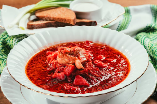 Preview: view of borsch soup with potato and meat in plate and green onions with bread and salt on background