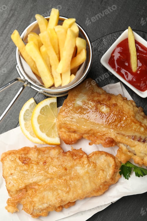 Preview: British Traditional Fish and chips with sauce and lemon on dark textured table, top view