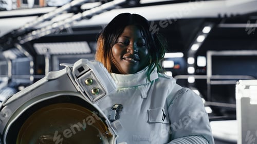 Preview: Portrait of jolly female astronaut holding helmet inside space station