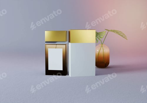 Preview: Set of blank and empty perfume bottles with golden caps against a white background, with copy space