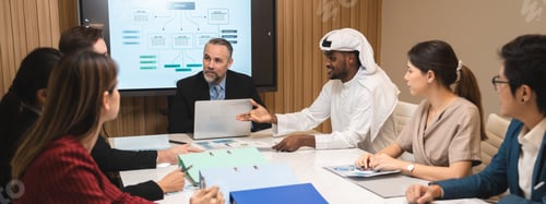Preview: diverse business team leader discuss financial paperwork, Smart businessman and businesswoman