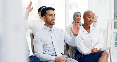 Preview: Hands, audience and questions during a presentation by business people discussing goal in meeting.
