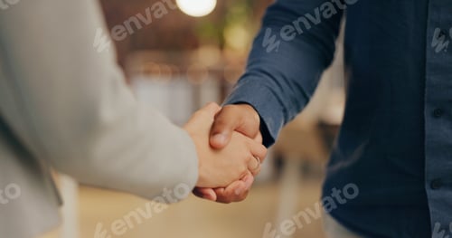Preview: Night, office and business people in handshake for deal, agreement or collaboration at creative age