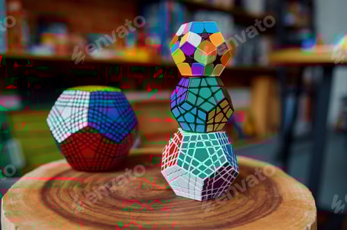 Preview: Different puzzle cubes on wooden stump, closeup