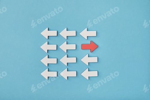 Preview: top view of white arrows with opposite red pointer on blue background