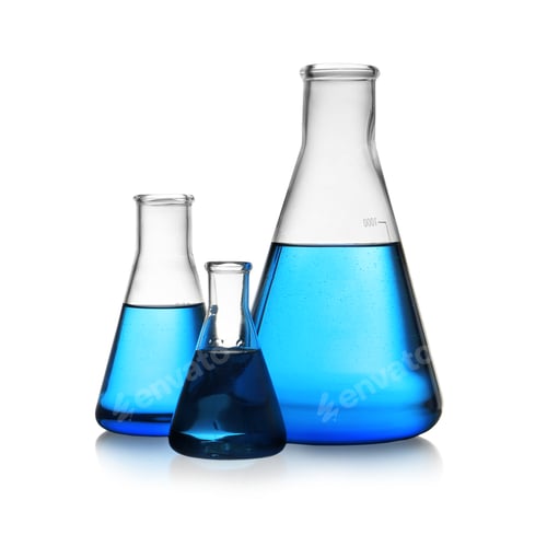 Preview: Conical flasks with blue liquid on white background. Laboratory glassware