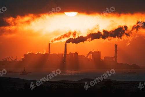 Preview: thermoelectric chimneys expel steam or smoke in a fiery sunset
