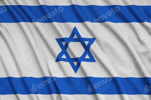 Preview: Israel flag is depicted on a sports cloth fabric with many folds. Sport team waving banner