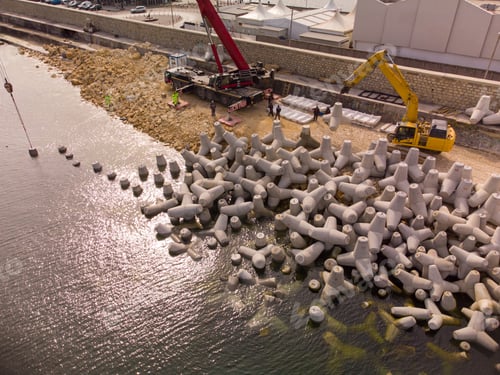 Preview: Aerial view of breakwater construction. Bulldozer and crane on a pile of boulders in the sea